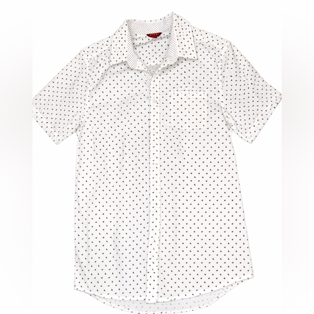 Men’s Medium Guess White Geometric Print Short Sleeve Button Up Shirt